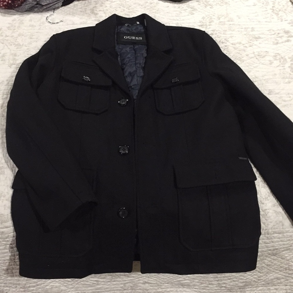 Mens GUESS black insulated pea coat
